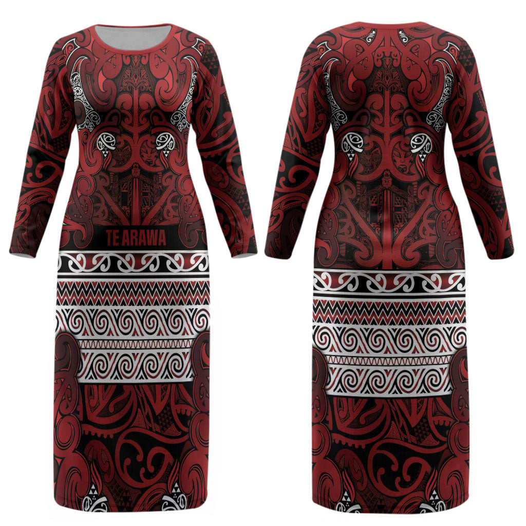 Aotearoa Iwi Te Arawa Couples Matching Long Sleeve Bodycon Dress and Hawaiian Shirt Maori Wharenui House Tribal Pattern