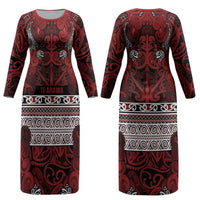 Aotearoa Iwi Te Arawa Couples Matching Long Sleeve Bodycon Dress and Hawaiian Shirt Maori Wharenui House Tribal Pattern