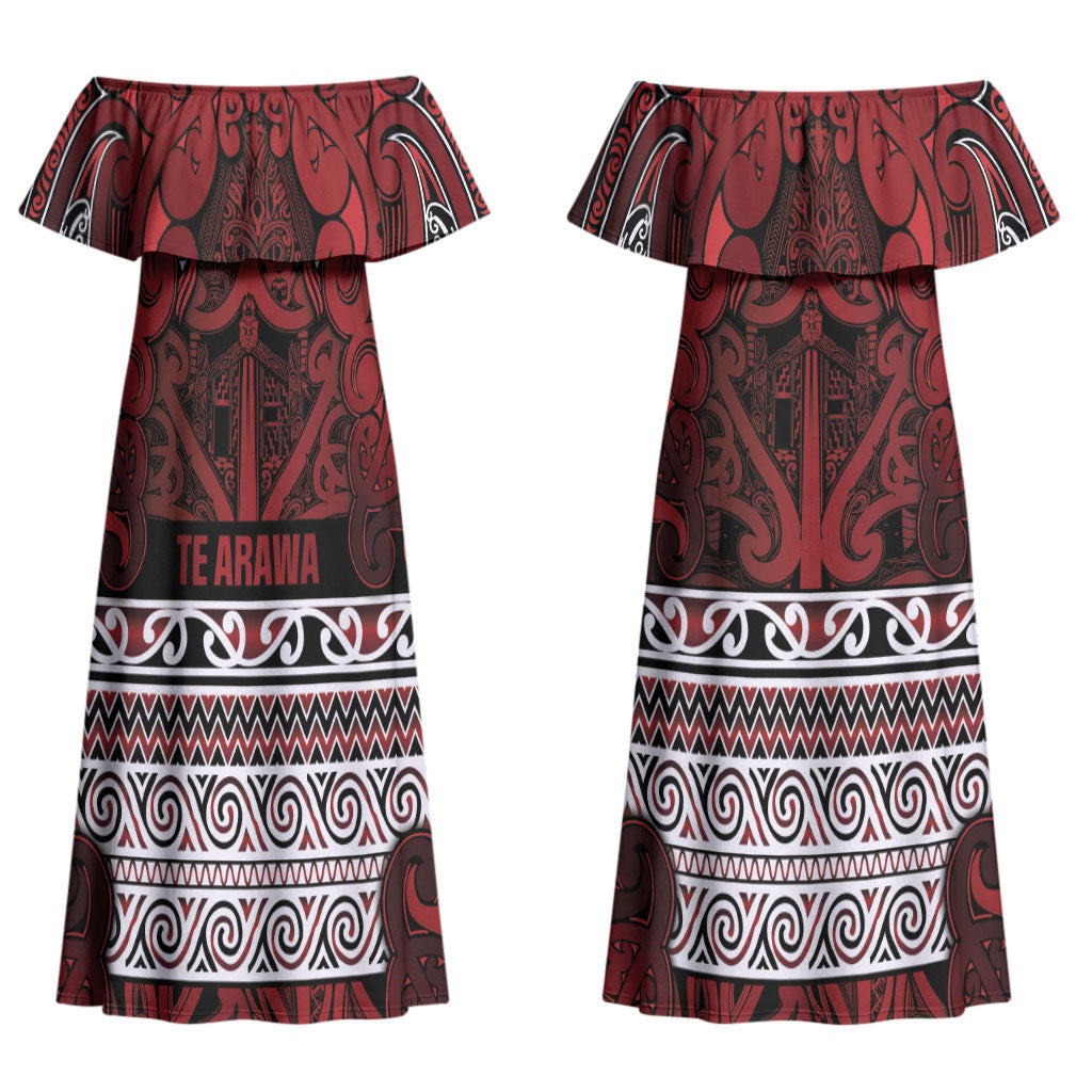 Aotearoa Iwi Te Arawa Couples Matching Off Shoulder Maxi Dress and Hawaiian Shirt Maori Wharenui House Tribal Pattern