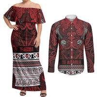 Aotearoa Iwi Te Arawa Couples Matching Off Shoulder Maxi Dress and Long Sleeve Button Shirt Maori Wharenui House Tribal Pattern
