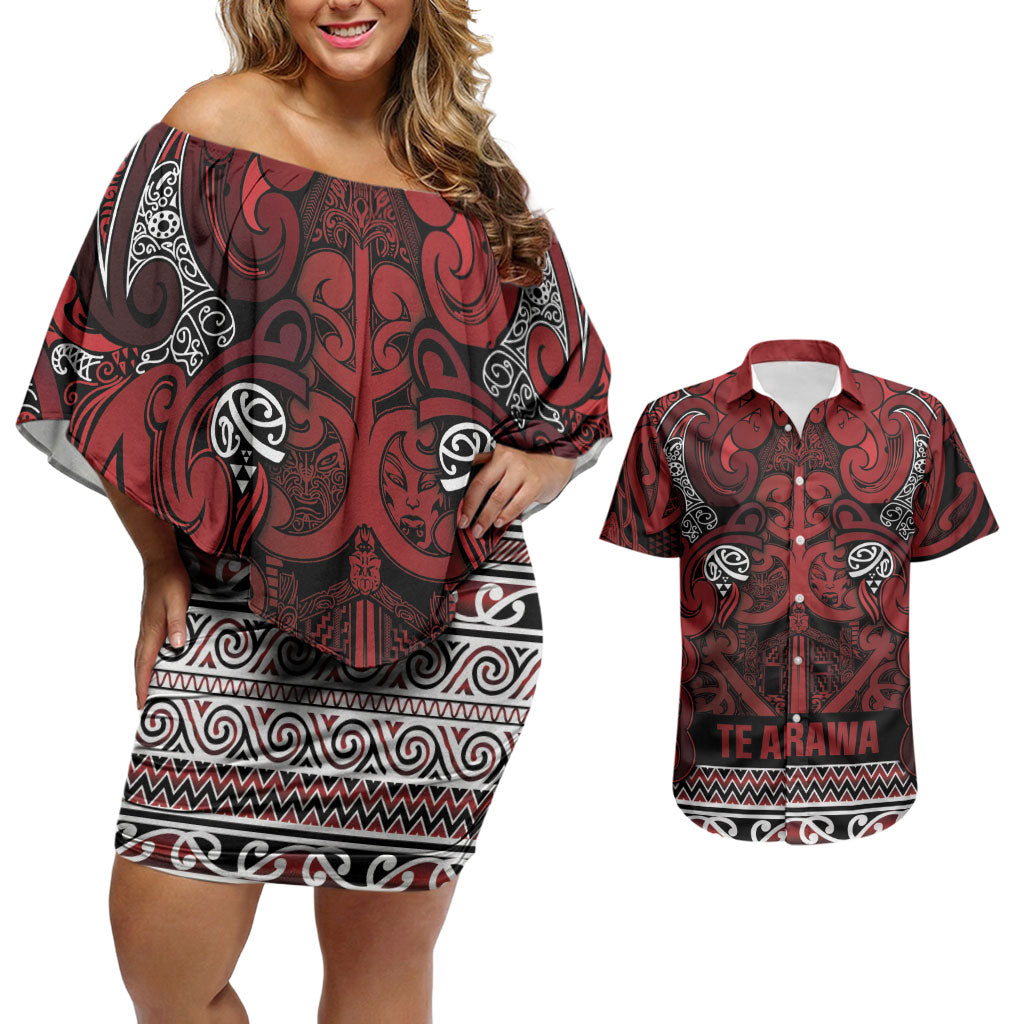 Aotearoa Iwi Te Arawa Couples Matching Off Shoulder Short Dress and Hawaiian Shirt Maori Wharenui House Tribal Pattern