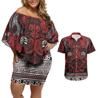 Aotearoa Iwi Te Arawa Couples Matching Off Shoulder Short Dress and Hawaiian Shirt Maori Wharenui House Tribal Pattern