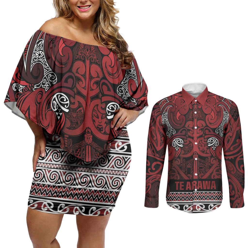 Aotearoa Iwi Te Arawa Couples Matching Off Shoulder Short Dress and Long Sleeve Button Shirt Maori Wharenui House Tribal Pattern LT9 Dark Red - Polynesian Pride