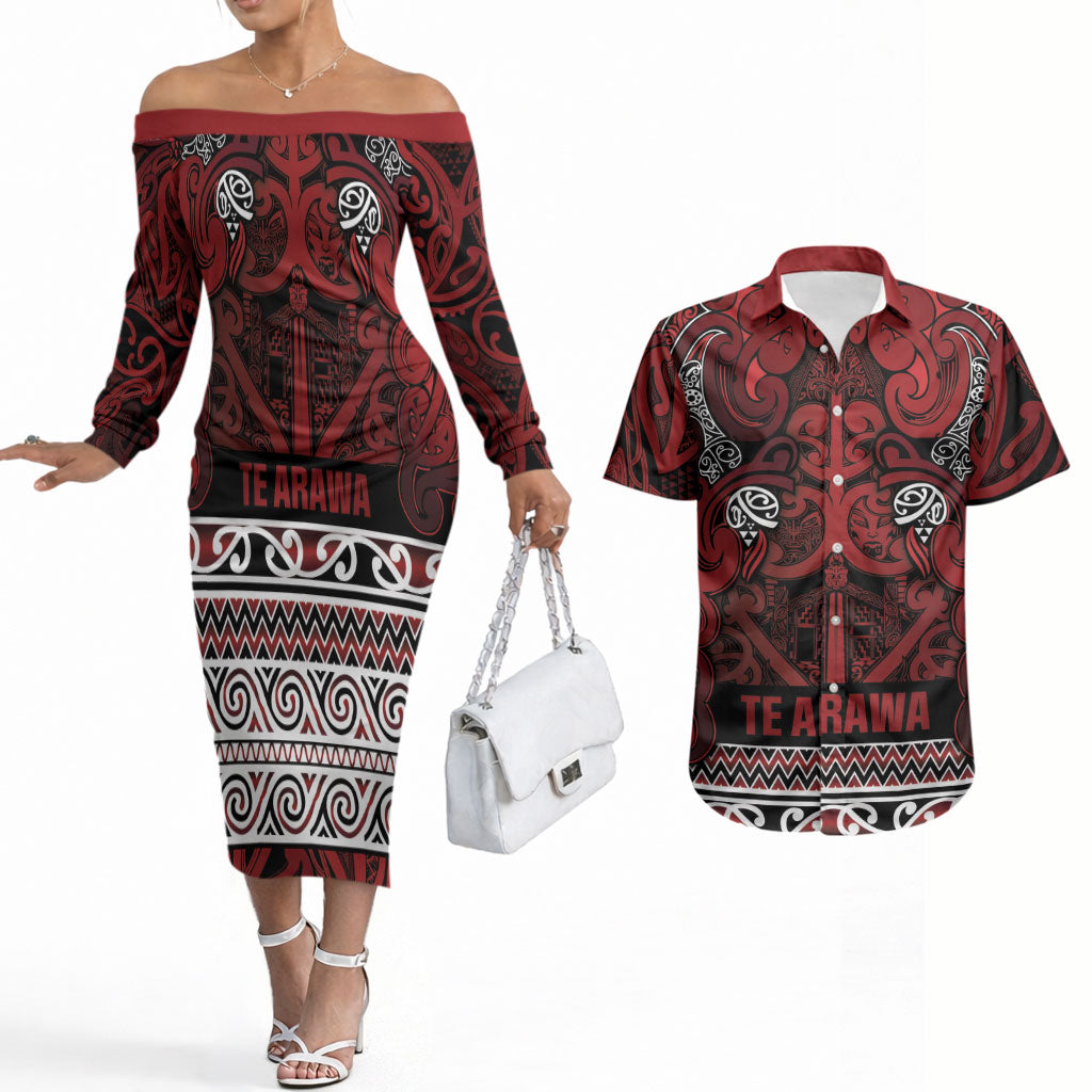Aotearoa Iwi Te Arawa Couples Matching Off The Shoulder Long Sleeve Dress and Hawaiian Shirt Maori Wharenui House Tribal Pattern