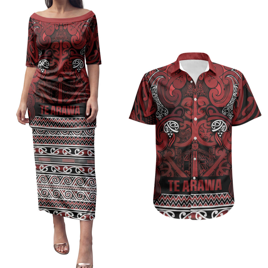 Aotearoa Iwi Te Arawa Couples Matching Puletasi and Hawaiian Shirt Maori Wharenui House Tribal Pattern LT9 Dark Red - Polynesian Pride