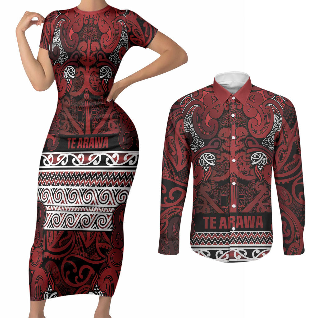 Aotearoa Iwi Te Arawa Couples Matching Short Sleeve Bodycon Dress and Long Sleeve Button Shirt Maori Wharenui House Tribal Pattern LT9 Dark Red - Polynesian Pride