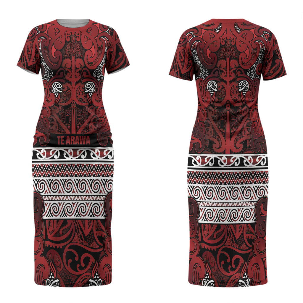 Aotearoa Iwi Te Arawa Couples Matching Short Sleeve Bodycon Dress and Long Sleeve Button Shirt Maori Wharenui House Tribal Pattern