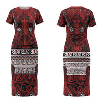 Aotearoa Iwi Te Arawa Couples Matching Short Sleeve Bodycon Dress and Long Sleeve Button Shirt Maori Wharenui House Tribal Pattern