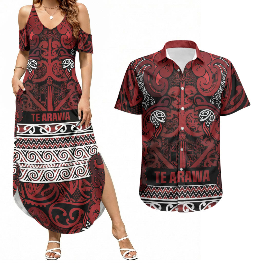 Aotearoa Iwi Te Arawa Couples Matching Summer Maxi Dress and Hawaiian Shirt Maori Wharenui House Tribal Pattern LT9 Dark Red - Polynesian Pride