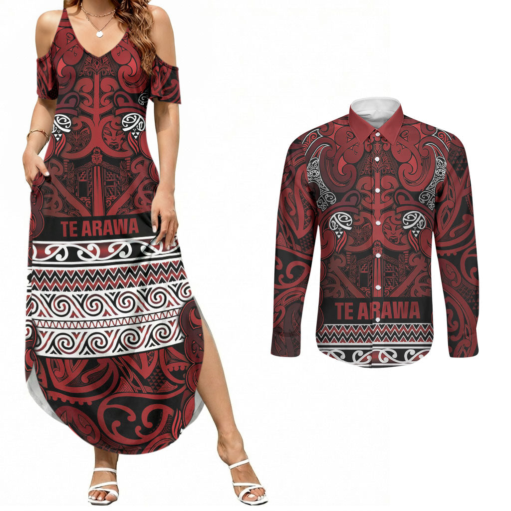 Aotearoa Iwi Te Arawa Couples Matching Summer Maxi Dress and Long Sleeve Button Shirt Maori Wharenui House Tribal Pattern LT9 Dark Red - Polynesian Pride