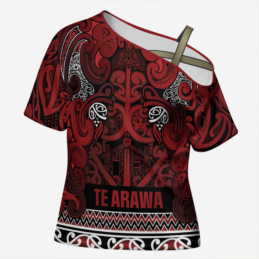 Aotearoa Iwi Te Arawa Cross Shoulder Shirt Maori Wharenui House Tribal Pattern LT9 Female Dark Red - Polynesian Pride