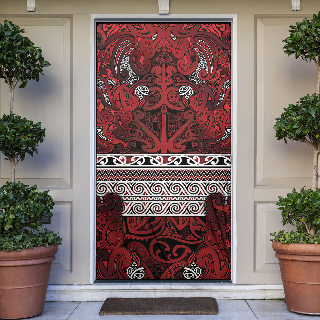 Aotearoa Iwi Te Arawa Door Cover Maori Wharenui House Tribal Pattern LT9 Dark Red - Polynesian Pride