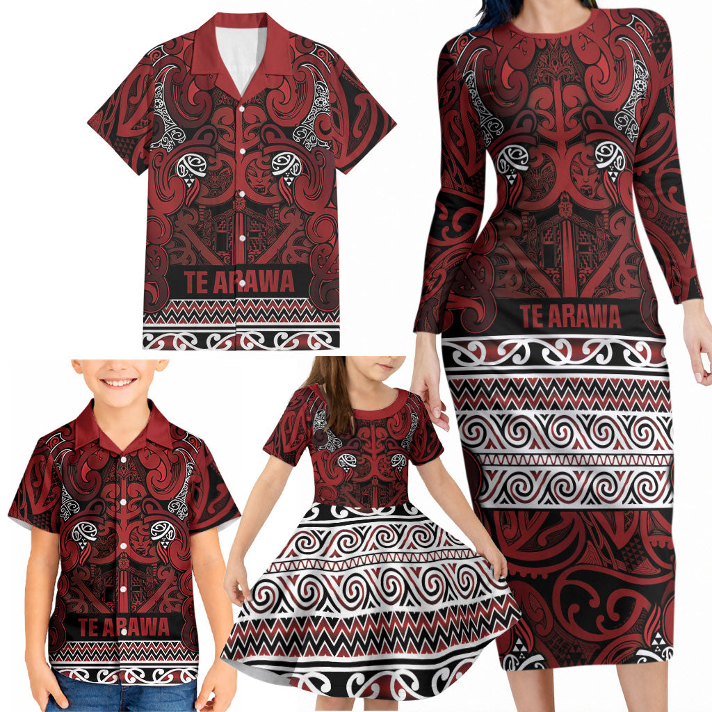 Aotearoa Iwi Te Arawa Family Matching Long Sleeve Bodycon Dress and Hawaiian Shirt Maori Wharenui House Tribal Pattern