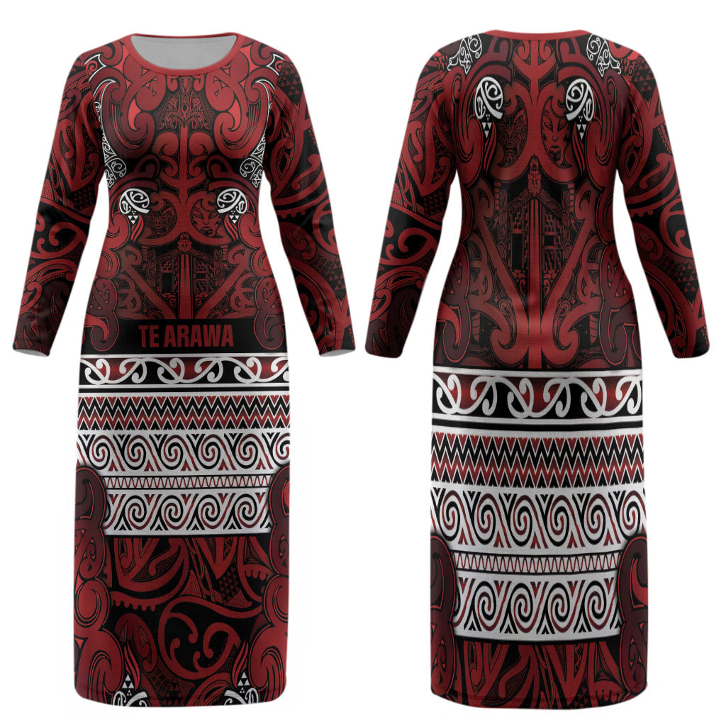 Aotearoa Iwi Te Arawa Family Matching Long Sleeve Bodycon Dress and Hawaiian Shirt Maori Wharenui House Tribal Pattern