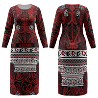 Aotearoa Iwi Te Arawa Family Matching Long Sleeve Bodycon Dress and Hawaiian Shirt Maori Wharenui House Tribal Pattern