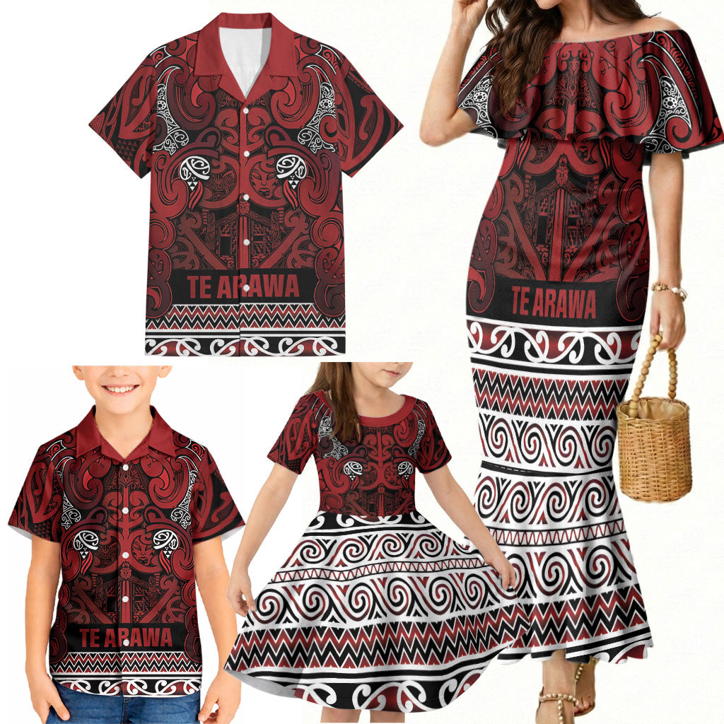Aotearoa Iwi Te Arawa Family Matching Mermaid Dress and Hawaiian Shirt Maori Wharenui House Tribal Pattern