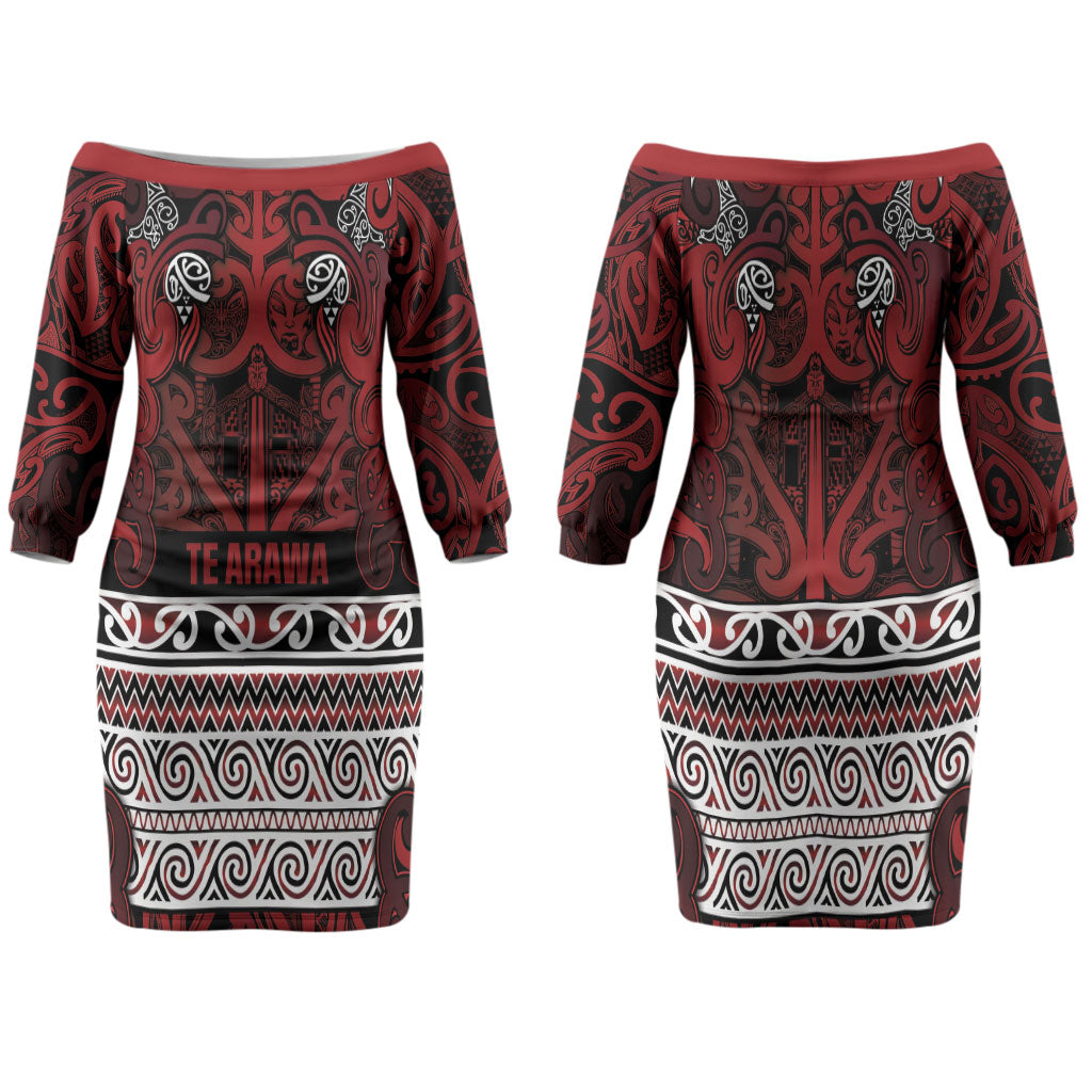 Aotearoa Iwi Te Arawa Family Matching Off The Shoulder Long Sleeve Dress and Hawaiian Shirt Maori Wharenui House Tribal Pattern