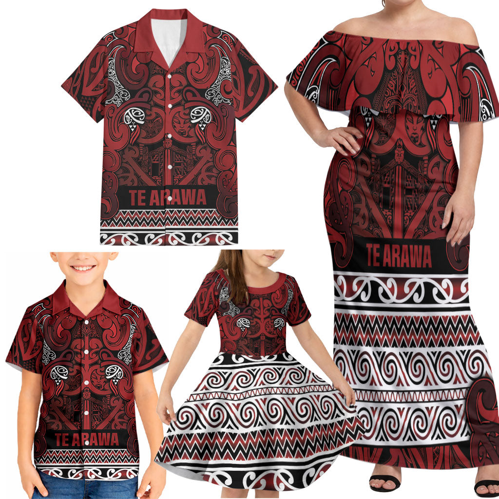 Aotearoa Iwi Te Arawa Family Matching Off Shoulder Maxi Dress and Hawaiian Shirt Maori Wharenui House Tribal Pattern LT9 - Polynesian Pride
