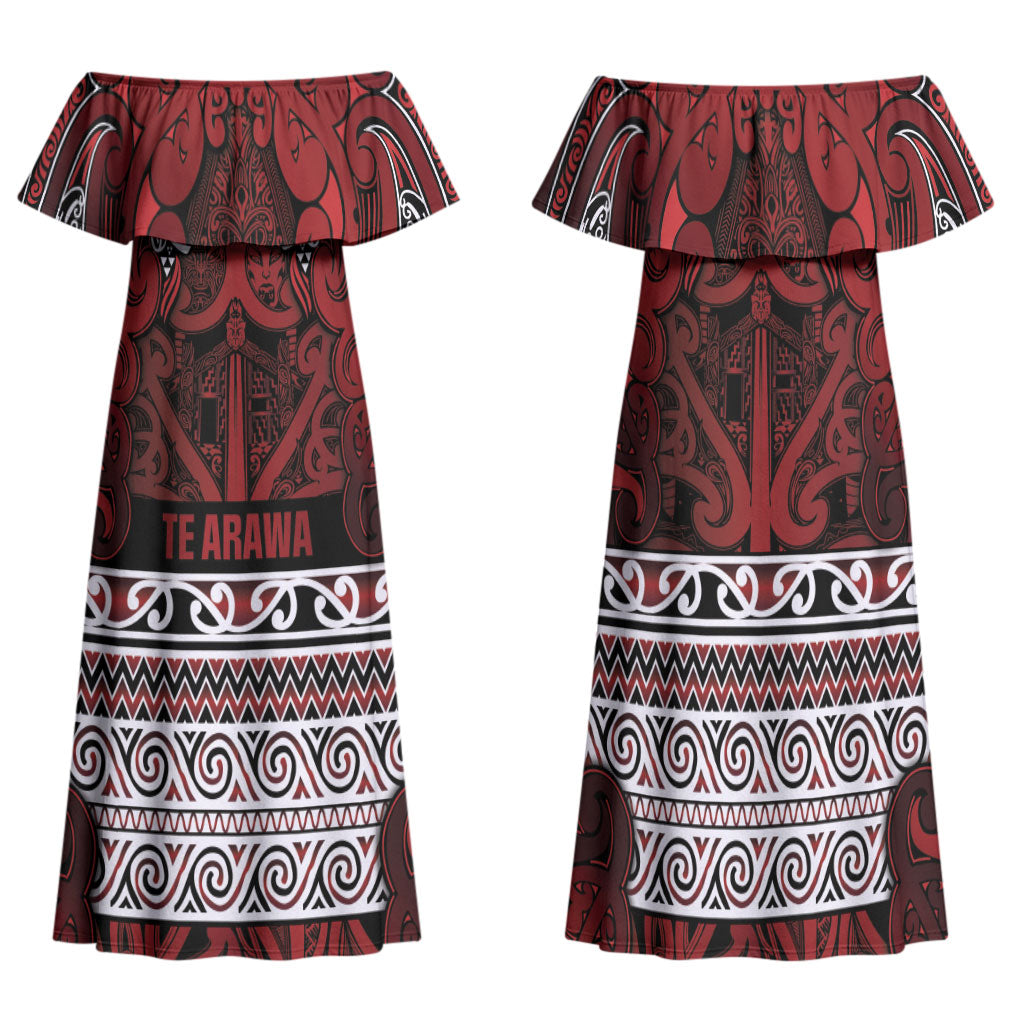 Aotearoa Iwi Te Arawa Family Matching Off Shoulder Maxi Dress and Hawaiian Shirt Maori Wharenui House Tribal Pattern