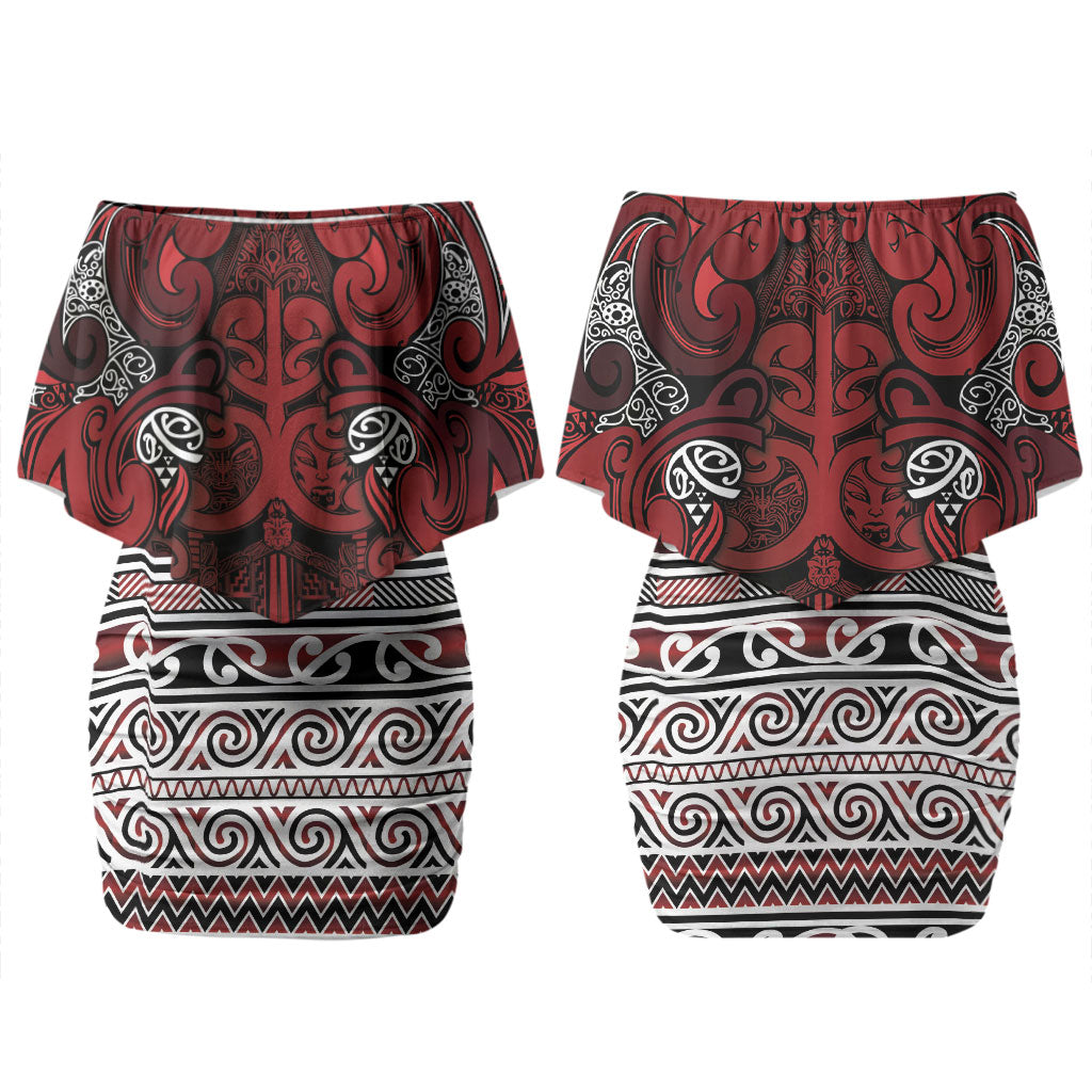 Aotearoa Iwi Te Arawa Family Matching Off Shoulder Short Dress and Hawaiian Shirt Maori Wharenui House Tribal Pattern
