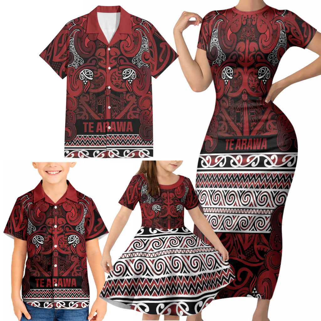 Aotearoa Iwi Te Arawa Family Matching Short Sleeve Bodycon Dress and Hawaiian Shirt Maori Wharenui House Tribal Pattern