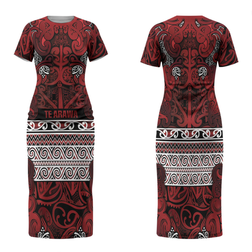 Aotearoa Iwi Te Arawa Family Matching Short Sleeve Bodycon Dress and Hawaiian Shirt Maori Wharenui House Tribal Pattern