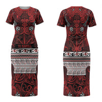 Aotearoa Iwi Te Arawa Family Matching Short Sleeve Bodycon Dress and Hawaiian Shirt Maori Wharenui House Tribal Pattern