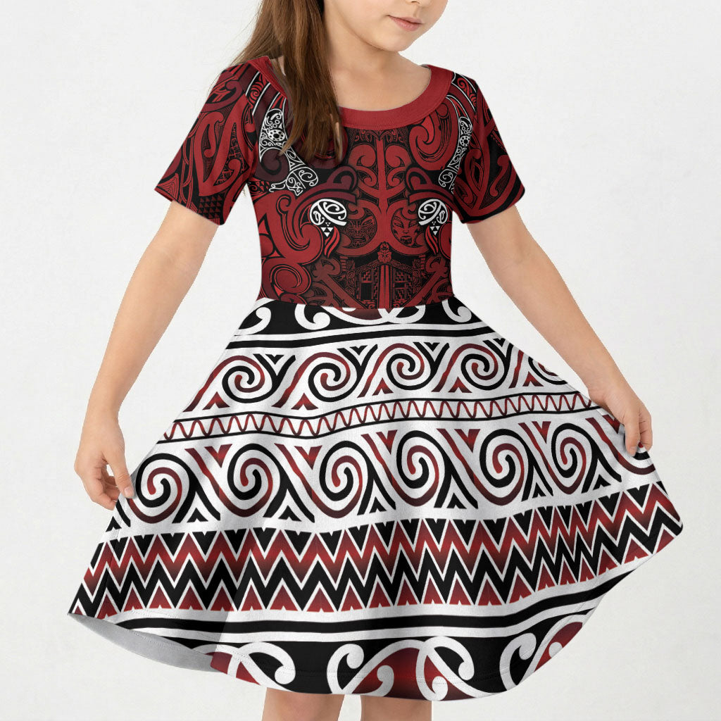 Aotearoa Iwi Te Arawa Kid Short Sleeve Dress Maori Wharenui House Tribal Pattern LT9 KID Dark Red - Polynesian Pride