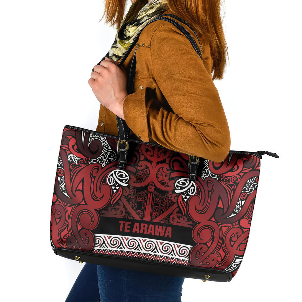 Aotearoa Iwi Te Arawa Leather Tote Bag Maori Wharenui House Tribal Pattern