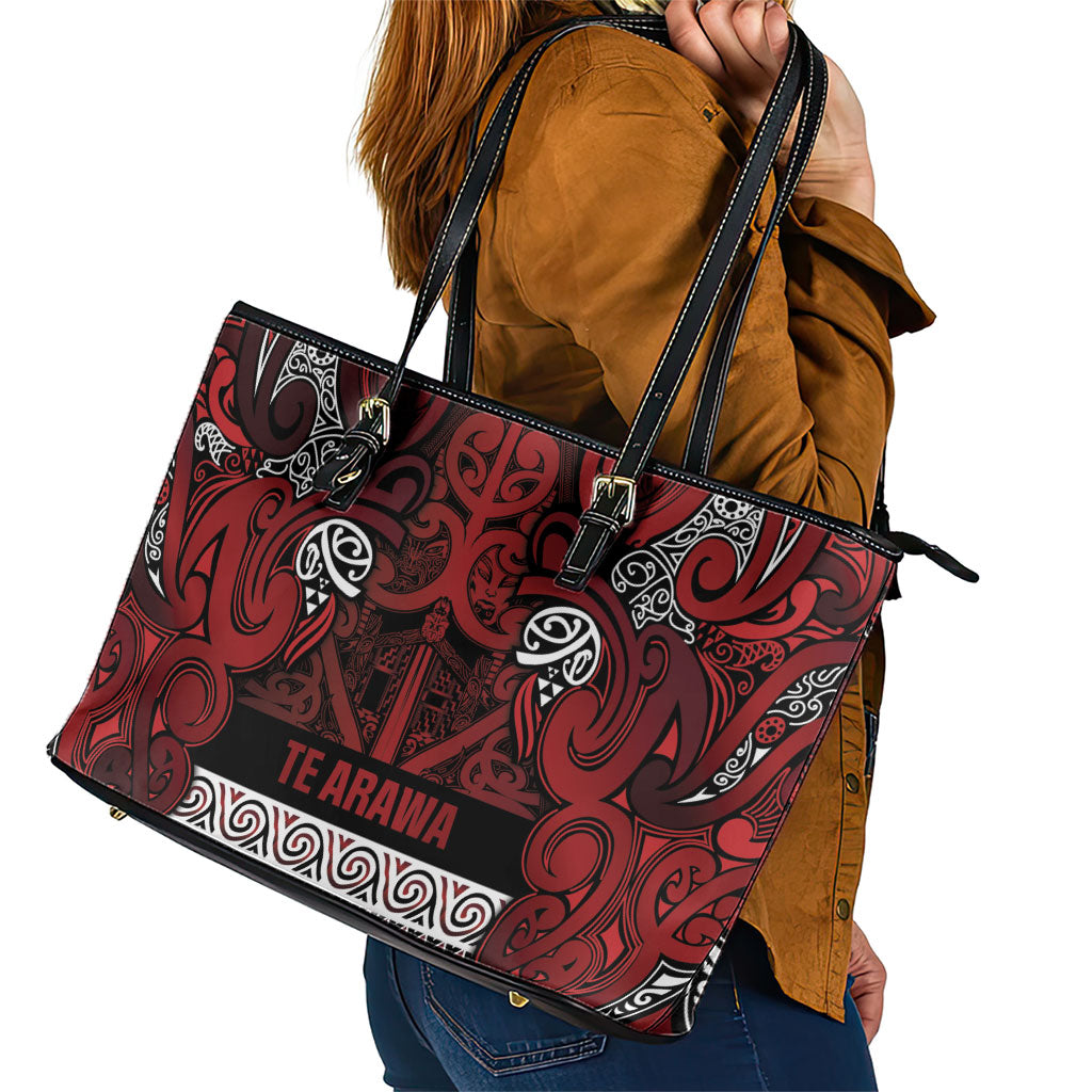 Aotearoa Iwi Te Arawa Leather Tote Bag Maori Wharenui House Tribal Pattern