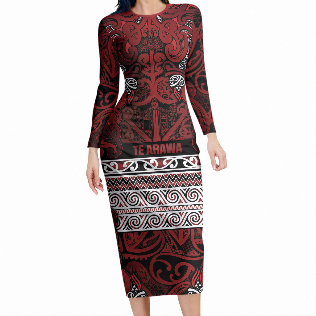 Aotearoa Iwi Te Arawa Long Sleeve Bodycon Dress Maori Wharenui House Tribal Pattern LT9 Long Dress Dark Red - Polynesian Pride