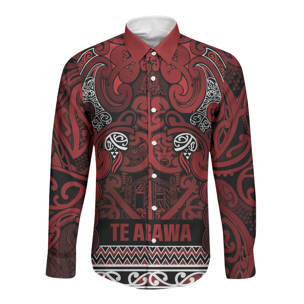 Aotearoa Iwi Te Arawa Long Sleeve Button Shirt Maori Wharenui House Tribal Pattern