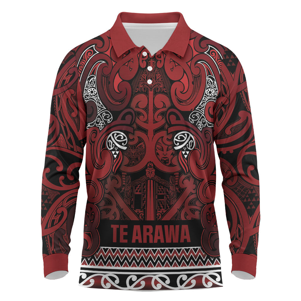 Aotearoa Iwi Te Arawa Long Sleeve Polo Shirt Maori Wharenui House Tribal Pattern LT9 Dark Red - Polynesian Pride