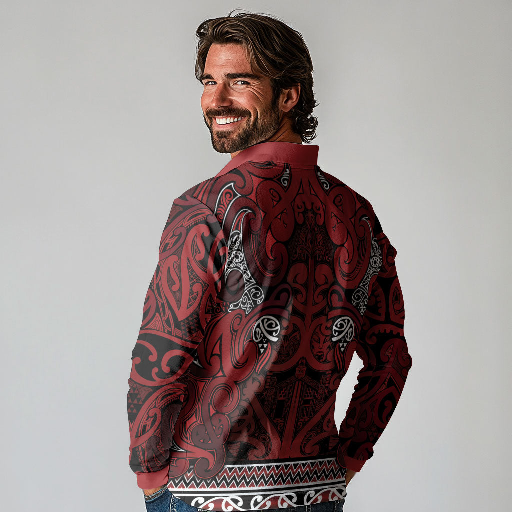 Aotearoa Iwi Te Arawa Long Sleeve Polo Shirt Maori Wharenui House Tribal Pattern