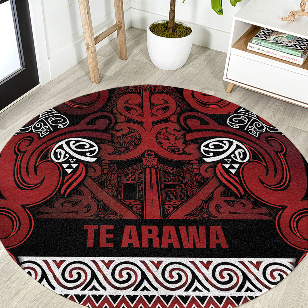 Aotearoa Iwi Te Arawa Round Carpet Maori Wharenui House Tribal Pattern LT9 Dark Red - Polynesian Pride