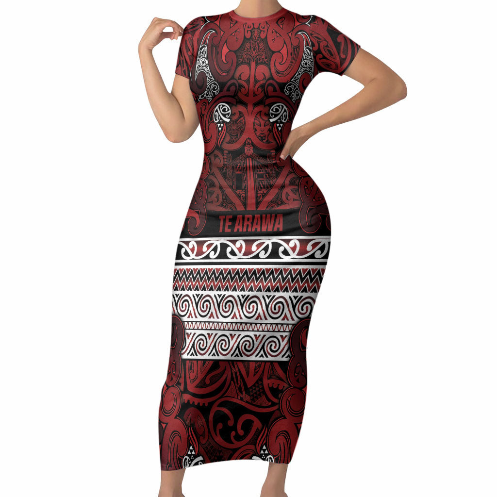 Aotearoa Iwi Te Arawa Short Sleeve Bodycon Dress Maori Wharenui House Tribal Pattern LT9 Long Dress Dark Red - Polynesian Pride