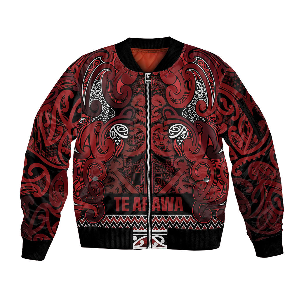 Aotearoa Iwi Te Arawa Sleeve Zip Bomber Jacket Maori Wharenui House Tribal Pattern LT9 Unisex Dark Red - Polynesian Pride