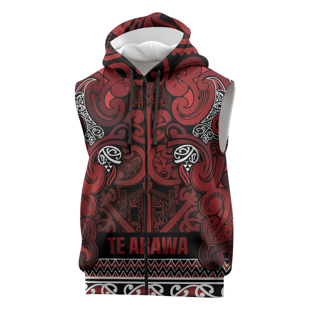 Aotearoa Iwi Te Arawa Sleeveless Zip Hoodie Maori Wharenui House Tribal Pattern LT9 Dark Red - Polynesian Pride