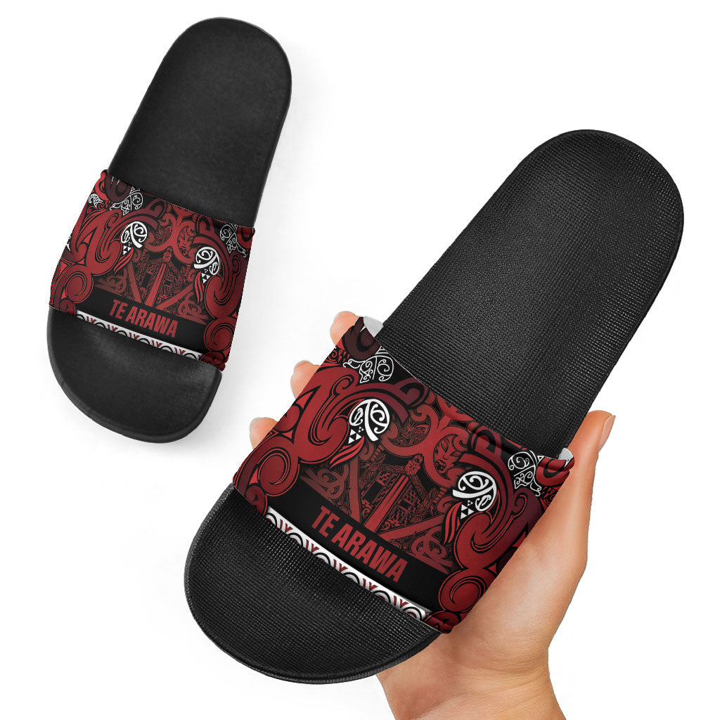Aotearoa Iwi Te Arawa Slide Sandals Maori Wharenui House Tribal Pattern