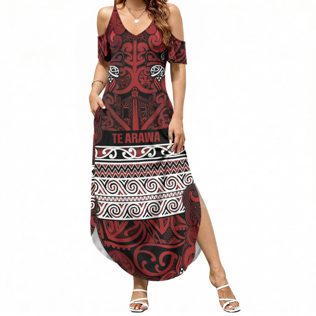 Aotearoa Iwi Te Arawa Summer Maxi Dress Maori Wharenui House Tribal Pattern LT9 Women Dark Red - Polynesian Pride