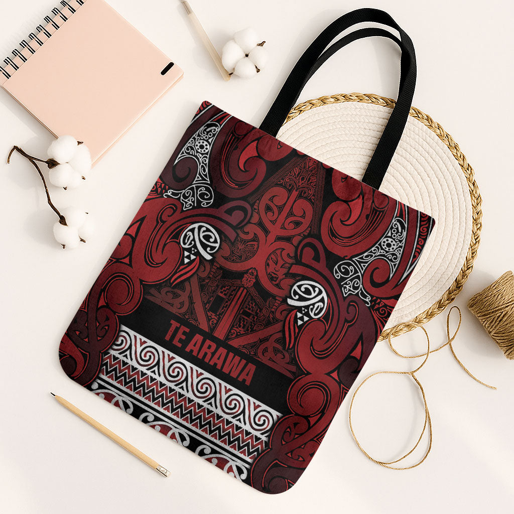 Aotearoa Iwi Te Arawa Tote Bag Maori Wharenui House Tribal Pattern LT9 Black Strap One Size Dark Red - Polynesian Pride