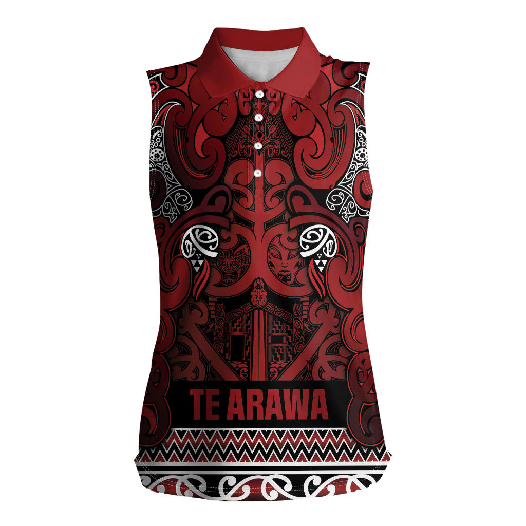 Aotearoa Iwi Te Arawa Women Sleeveless Polo Shirt Maori Wharenui House Tribal Pattern