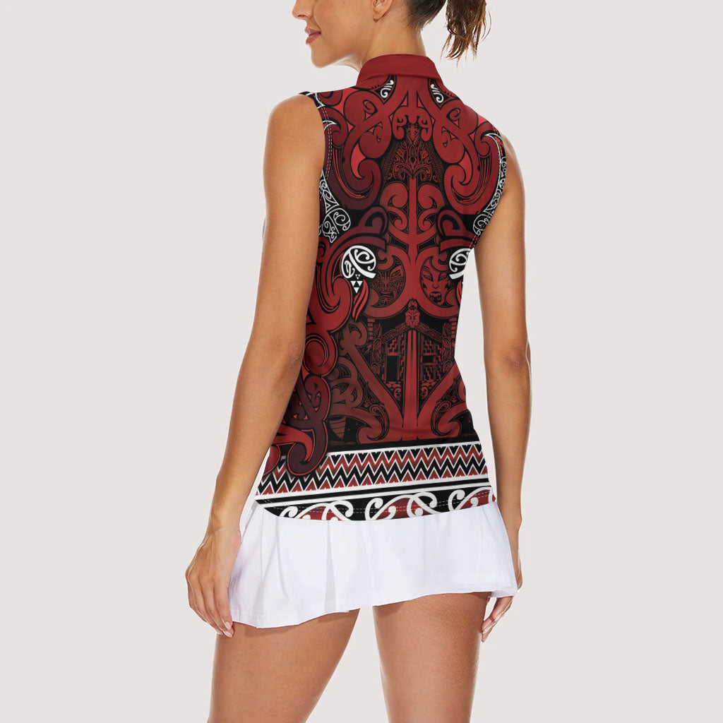 Aotearoa Iwi Te Arawa Women Sleeveless Polo Shirt Maori Wharenui House Tribal Pattern