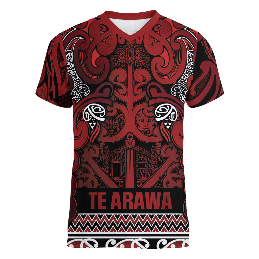 Aotearoa Iwi Te Arawa Women V-Neck T-Shirt Maori Wharenui House Tribal Pattern LT9 Female Dark Red - Polynesian Pride