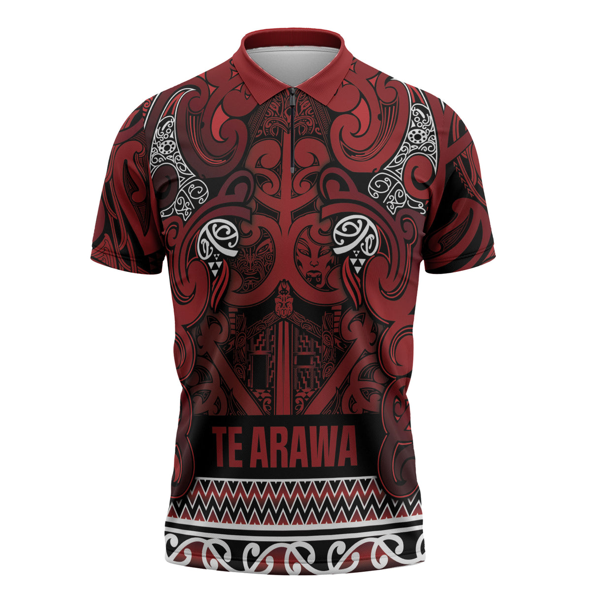 Aotearoa Iwi Te Arawa Zipper Polo Shirt Maori Wharenui House Tribal Pattern
