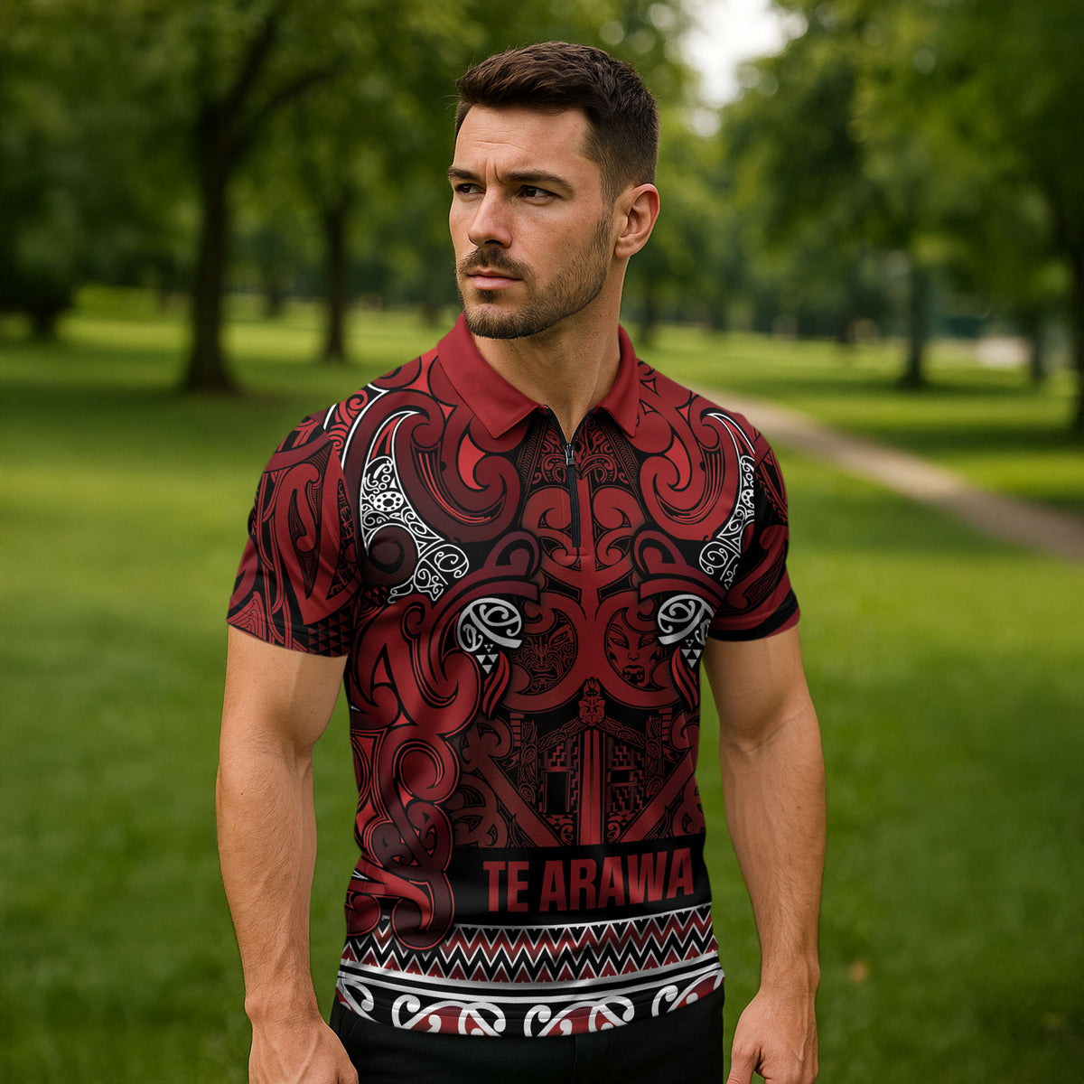Aotearoa Iwi Te Arawa Zipper Polo Shirt Maori Wharenui House Tribal Pattern