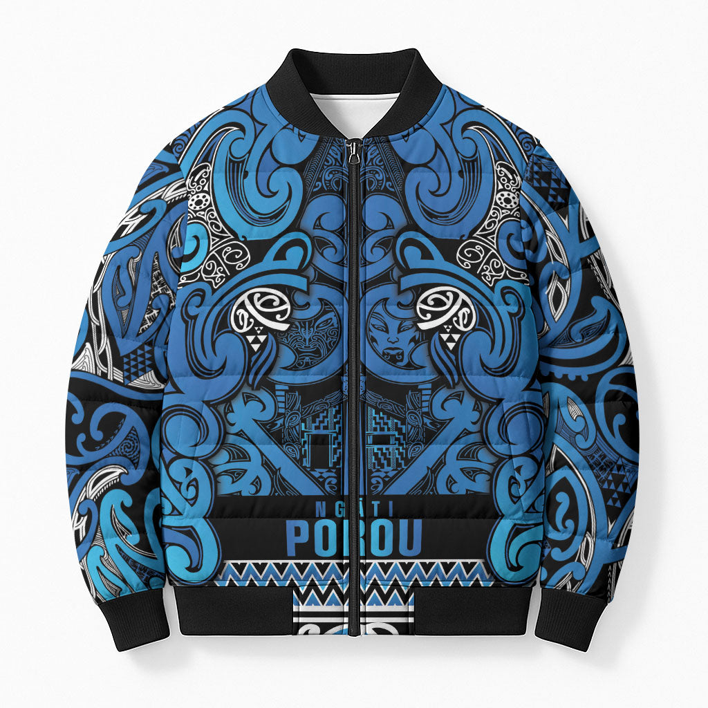 Aotearoa Iwi Ngati Porou Bomber Puffer Jacket Maori Wharenui House Tribal Pattern LT9 Unisex Blue - Polynesian Pride