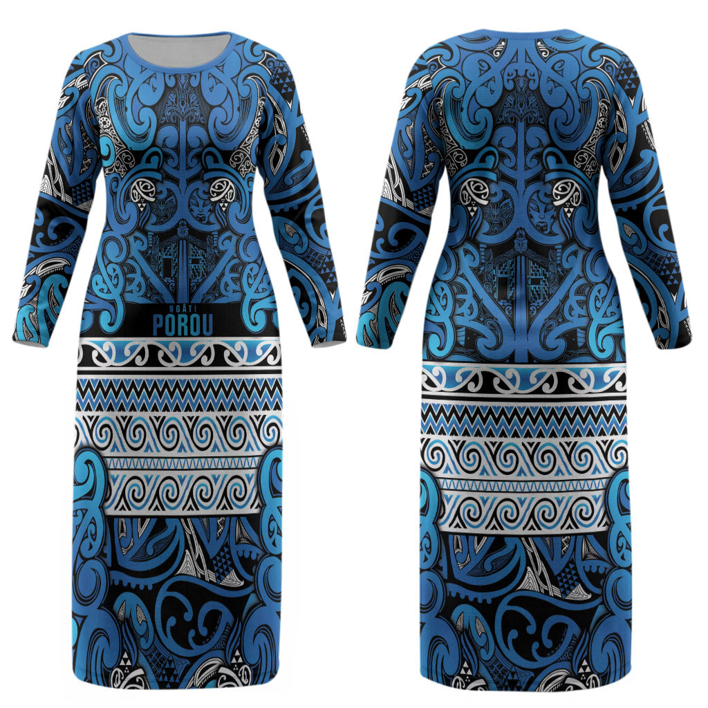 Aotearoa Iwi Ngati Porou Couples Matching Long Sleeve Bodycon Dress and Hawaiian Shirt Maori Wharenui House Tribal Pattern
