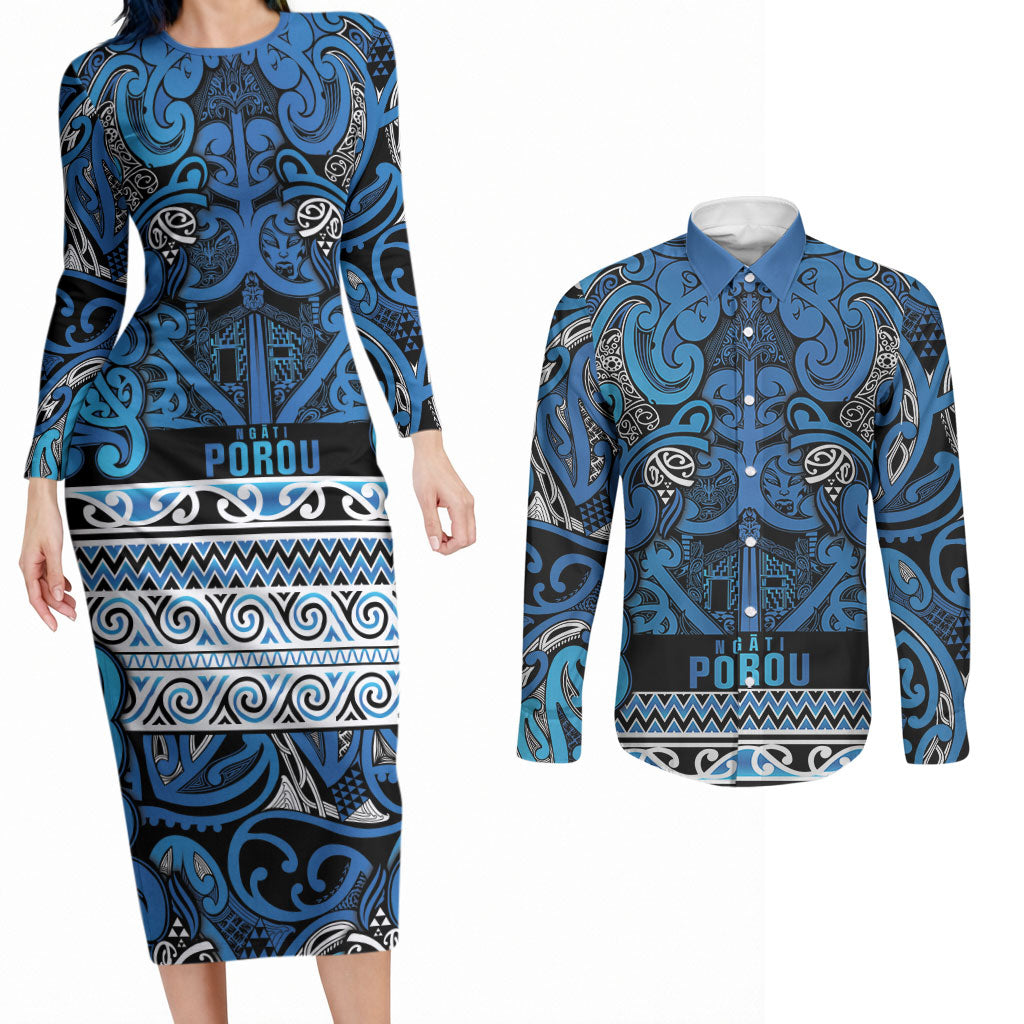 Aotearoa Iwi Ngati Porou Couples Matching Long Sleeve Bodycon Dress and Long Sleeve Button Shirt Maori Wharenui House Tribal Pattern LT9 Blue - Polynesian Pride
