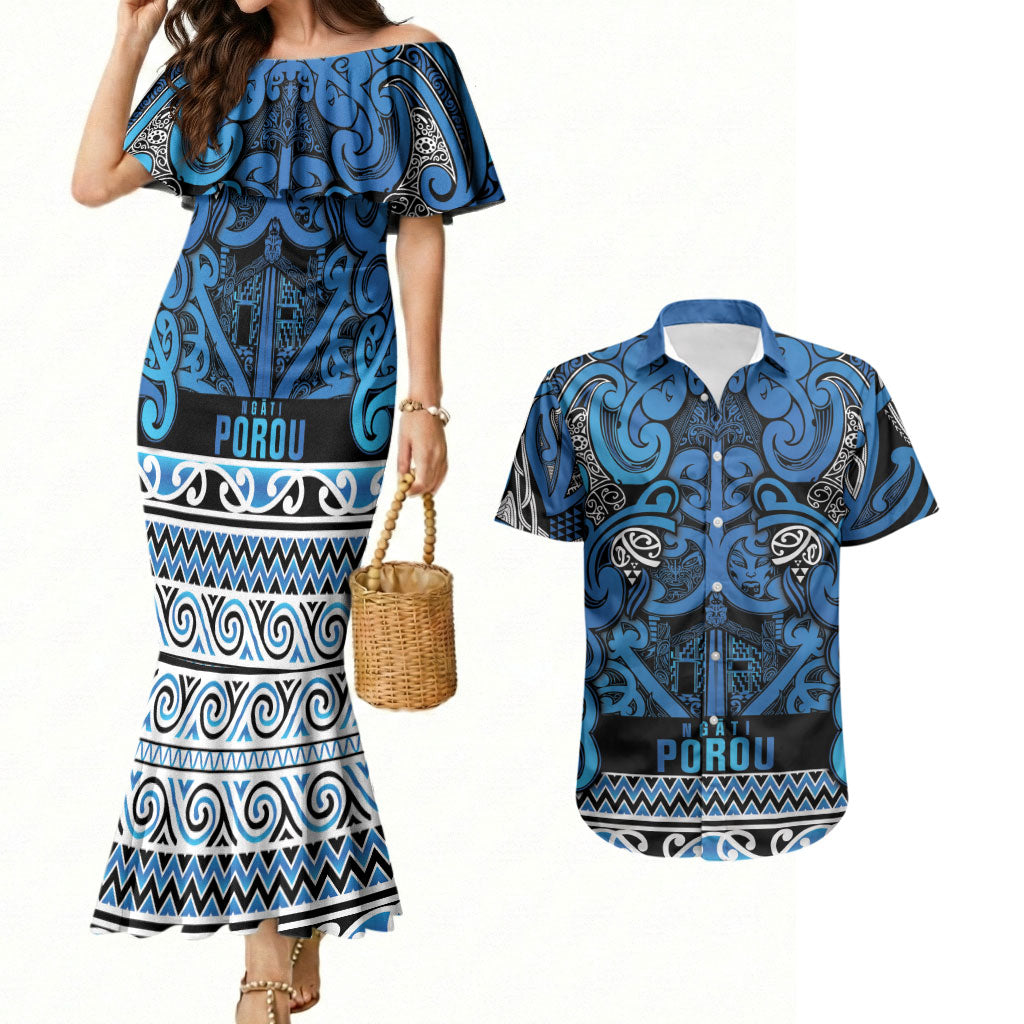 Aotearoa Iwi Ngati Porou Couples Matching Mermaid Dress and Hawaiian Shirt Maori Wharenui House Tribal Pattern LT9 Blue - Polynesian Pride